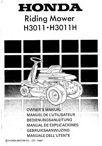 HONDA RIDE ON MOWER H3011 H3011H OWNERS MANUAL 89 EDITION REPRINTED COMB BOUND