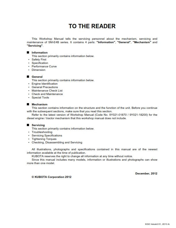 KUBOTA SM-E4B SERIES ENGINE WORKSHOP MANUAL 2013 EDITION REPRINTED COMB BOUND