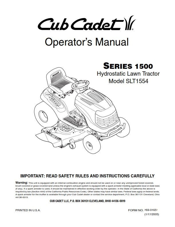 CUB CADET SERIES 1500 HYDROSTATIC GARDEN TRACTOR SLT1554 OPERATOR MANUAL REPRINT