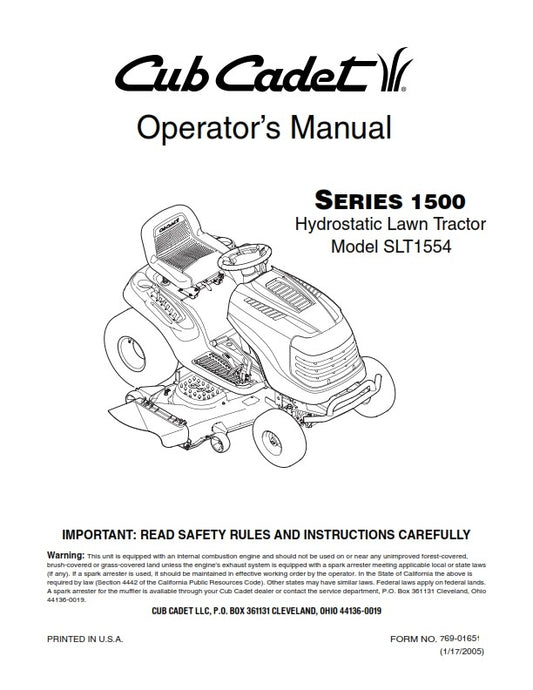 CUB CADET SERIES 1500 HYDROSTATIC GARDEN TRACTOR SLT1554 OPERATOR MANUAL REPRINT