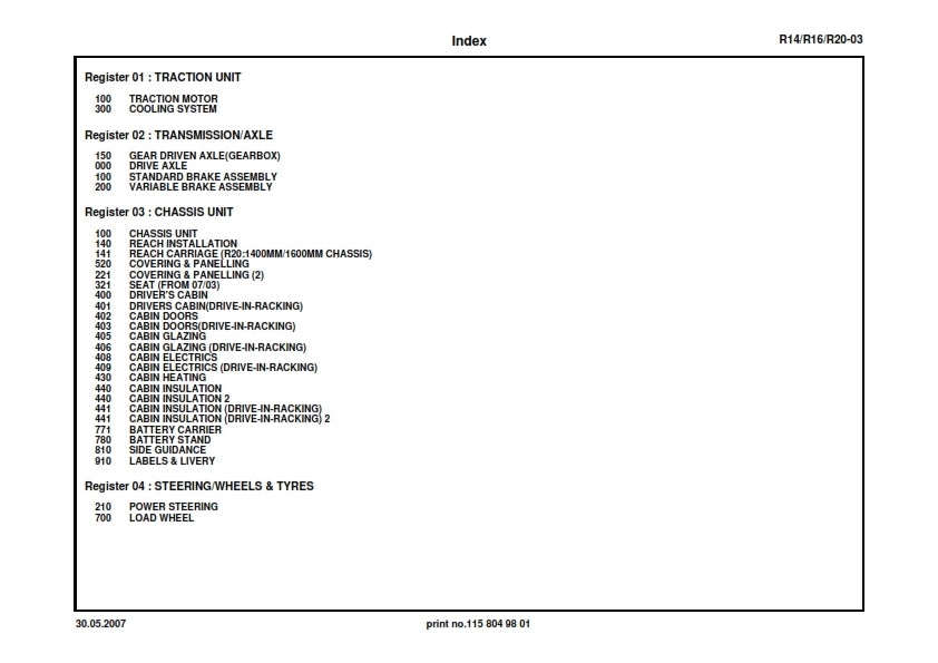 LINDE R14 R16 R20-3 SPARE PARTS MANUAL FROM SERIES 05/07 REPRINTED COMB BOUND