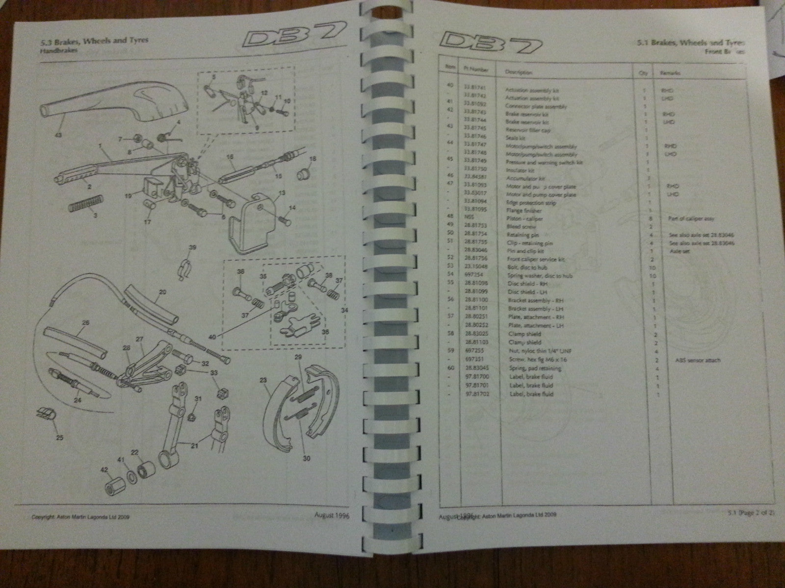 ASTON MARTIN DB7 PARTS MANUAL UP TO 1997 (PRE AIRBAG ) REPRINTED COMB BOUND