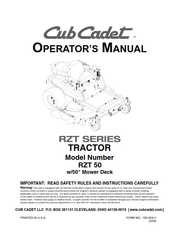 CUB CADET RZT 50 TRACTOR OPERATORS MANUAL REPRINTED COMB BOUND