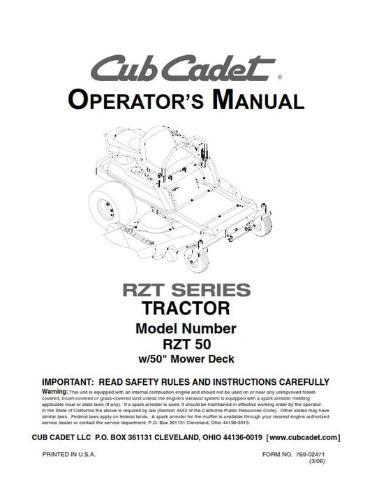 CUB CADET RZT 50 TRACTOR OPERATORS MANUAL REPRINTED COMB BOUND