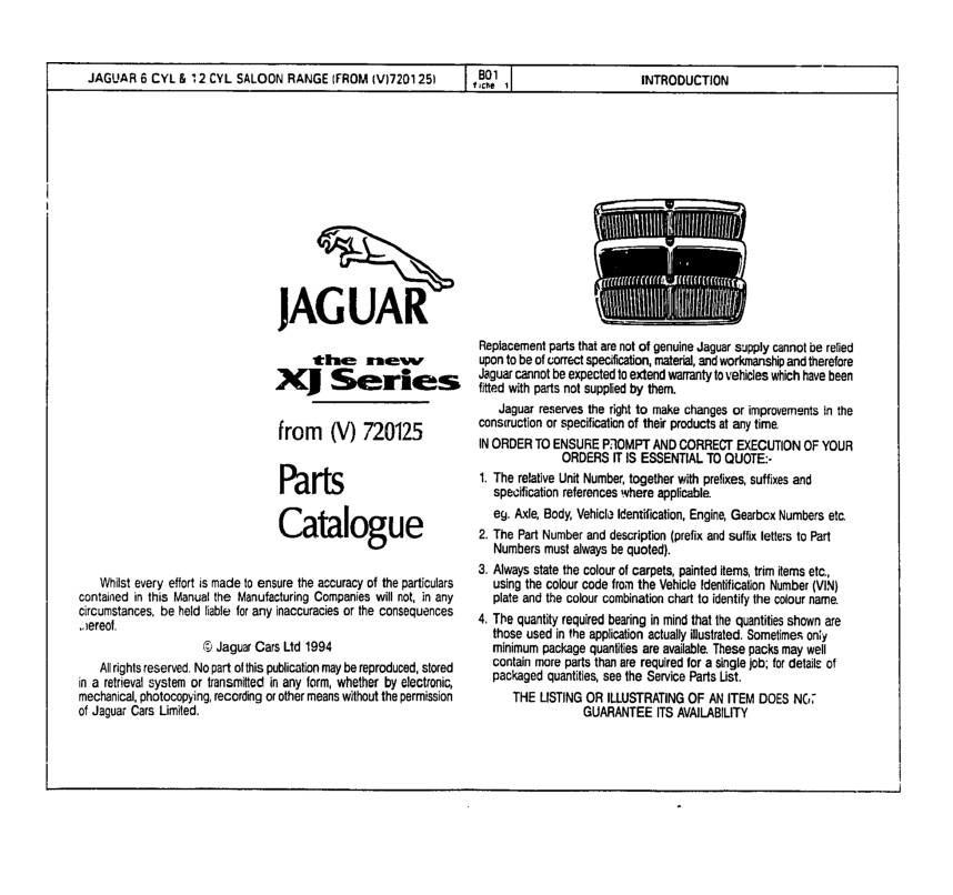 JAGUAR XJ SERIES 6CYL & 12 CYL FROM VIN 720125 PARTS MANUAL REPRINTED