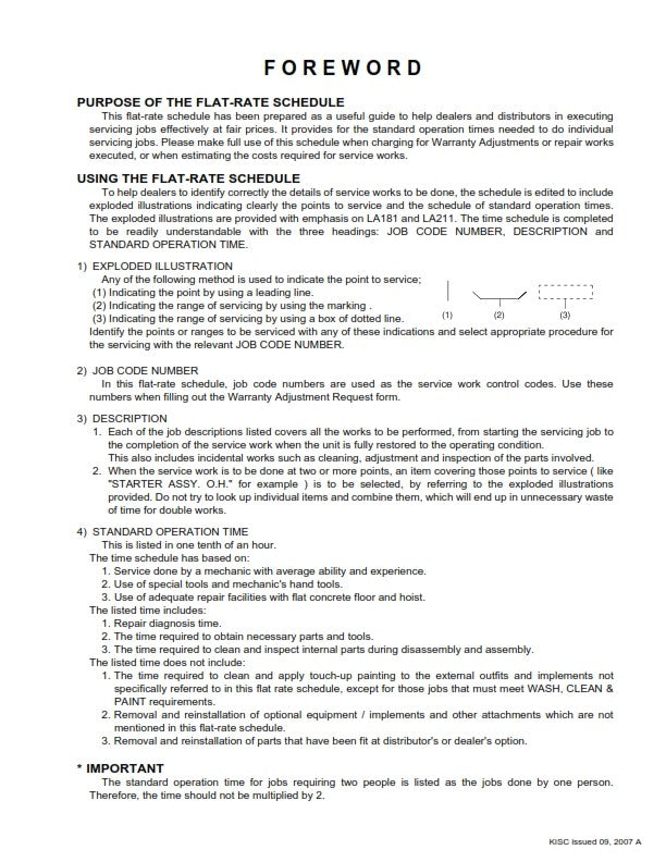 KUBOTA LOADER LA181 LA211 FRS FLAT RATE SCHEDULE REPRINTED 2007 COMB BOUND