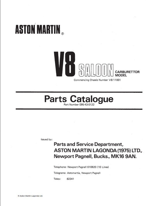 ASTON MARTIN V8 SALOON CARB MODEL CHASSIS NO. V811001 TO V812031 PARTS MANUAL