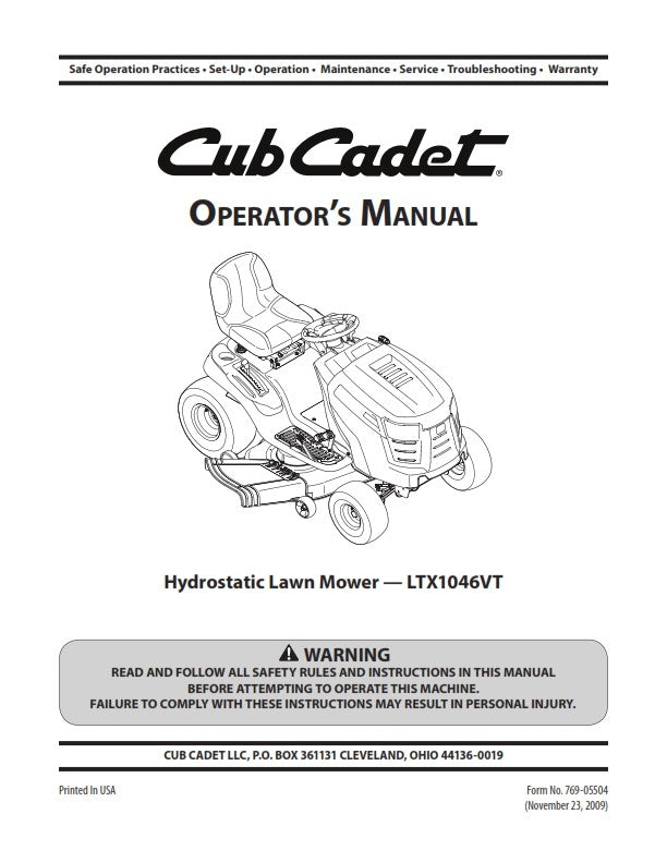 CUB CADET LTX1046VT OPERATORS  MANUAL REPRINTED COMB BOUND