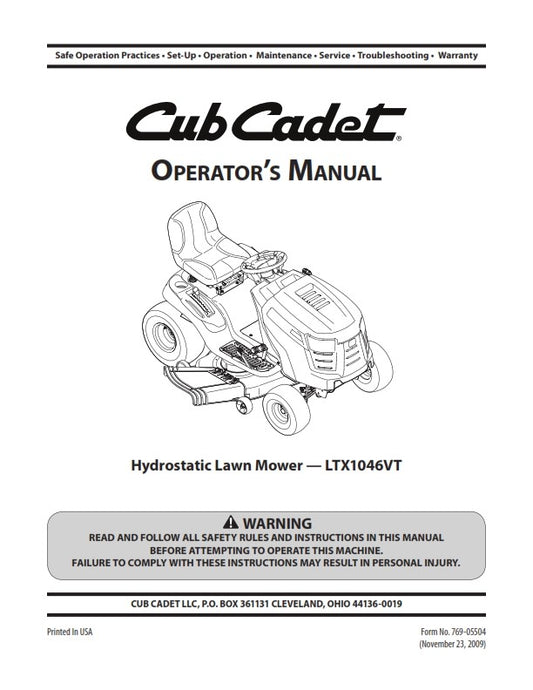 CUB CADET LTX1046VT OPERATORS  MANUAL REPRINTED COMB BOUND