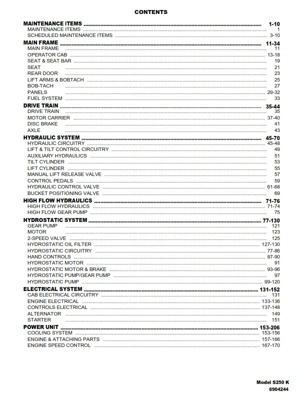 BOBCAT S250 PARTS MANUAL REPRINTED COMB BOUND