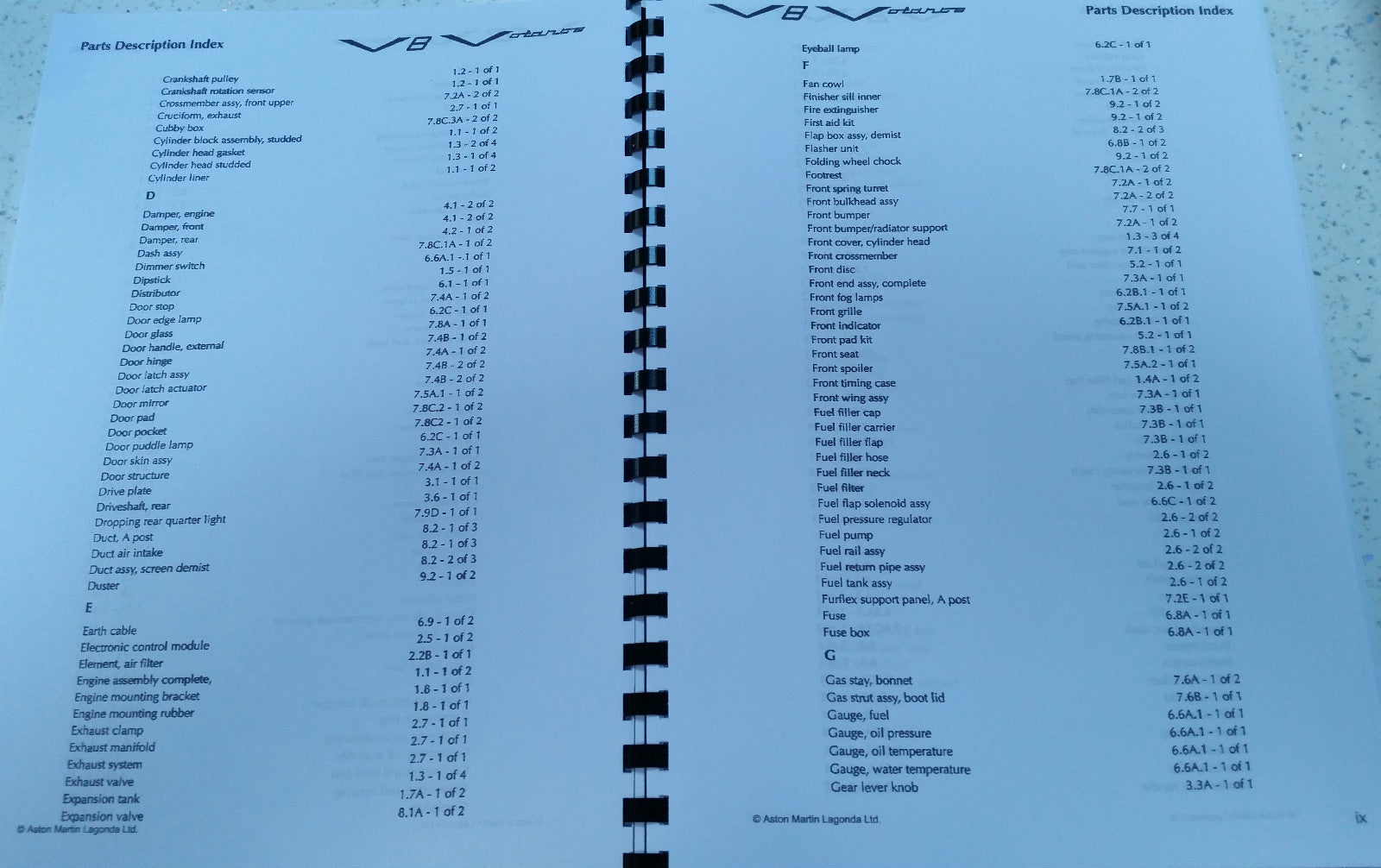 ASTON MARTIN V8 VOLANTE 97-00 PARTS MANUAL REPRINTED A4 COMB BOUND 284 PAGES