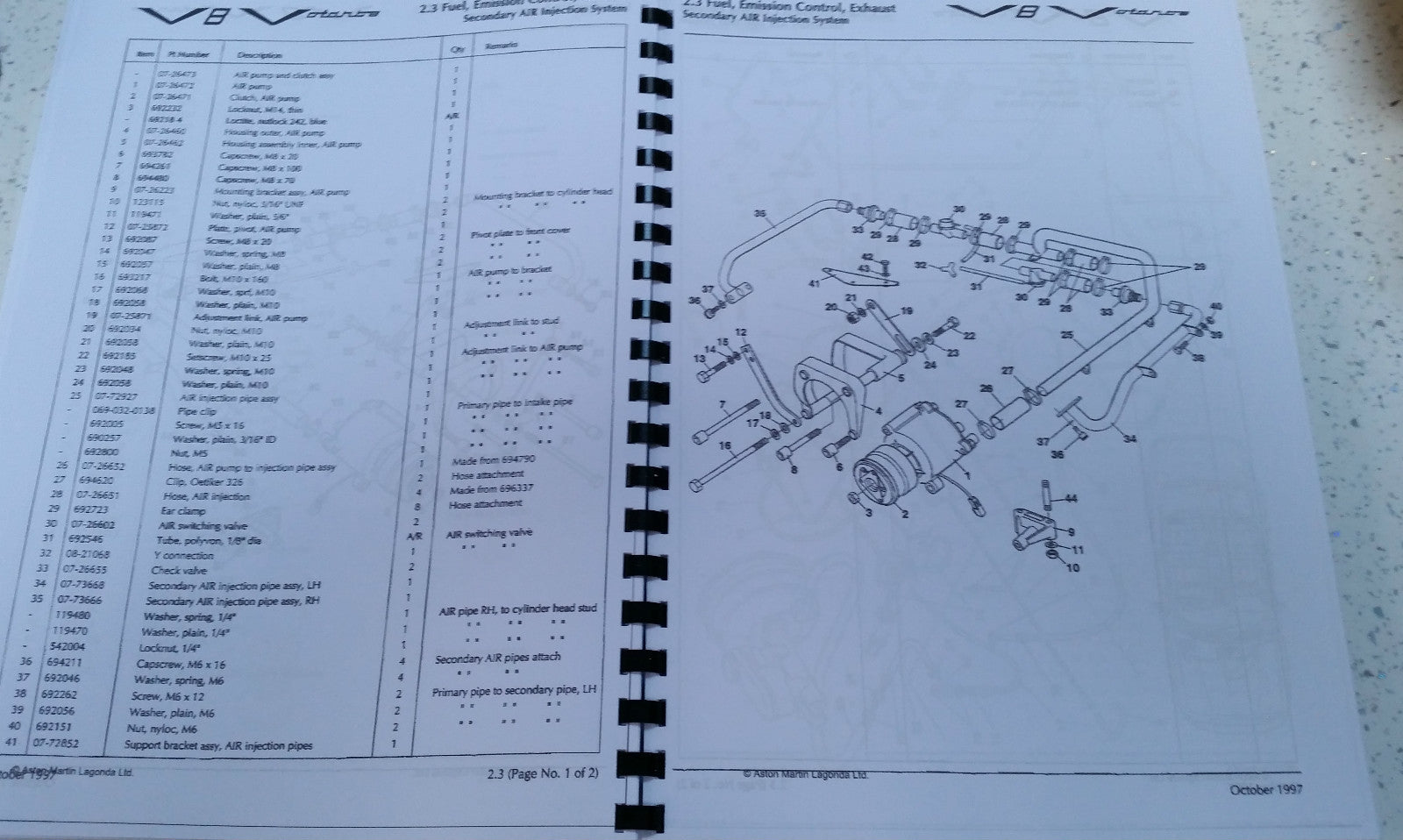 ASTON MARTIN V8 VOLANTE 97-00 PARTS MANUAL REPRINTED A4 COMB BOUND 284 PAGES
