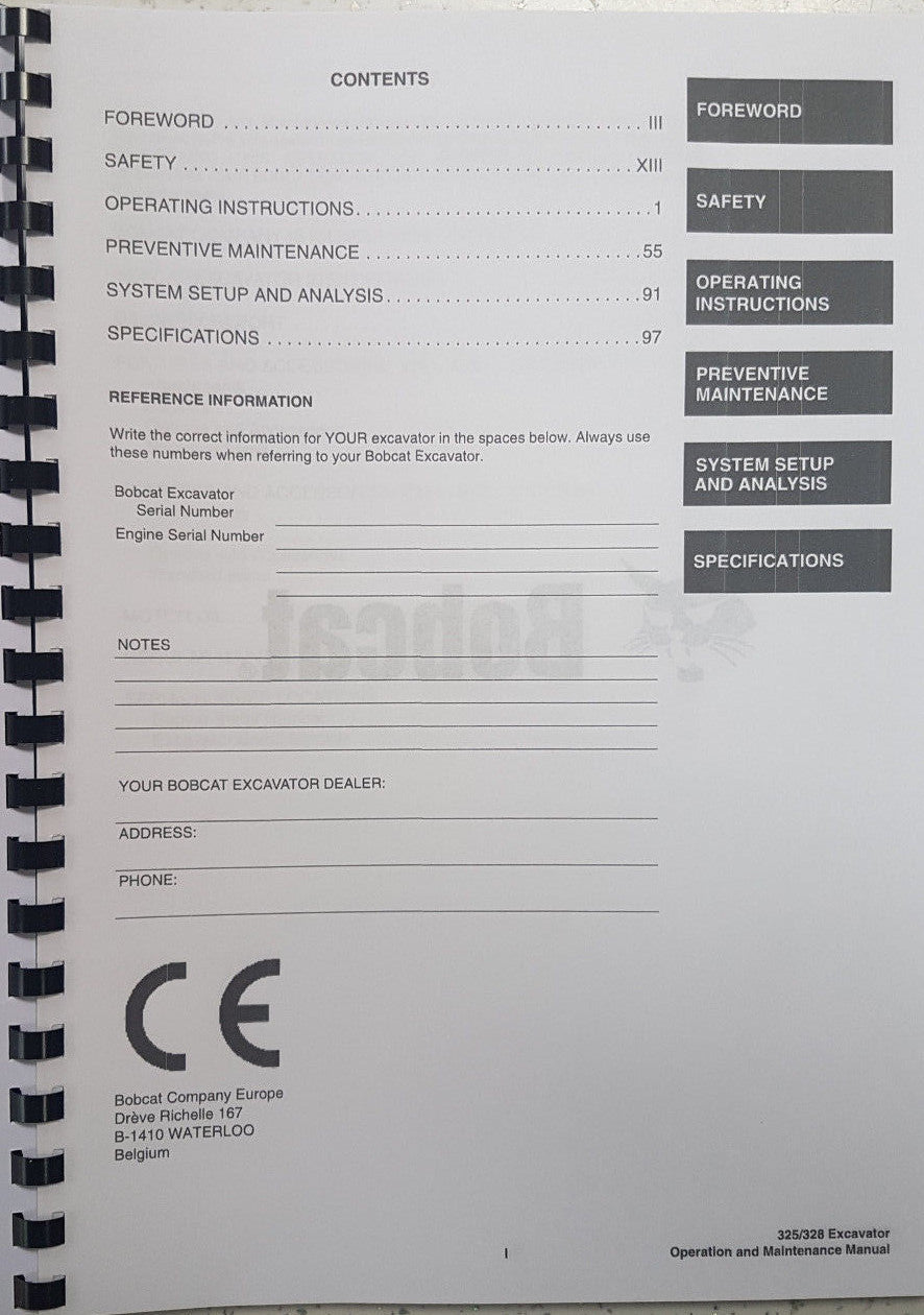 BOBCAT 325 & 328 OPERATION & MAINTENANCE MANUAL REPRINTED COMB BOUND