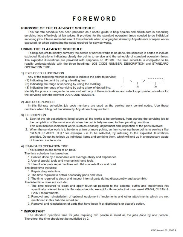 KUBOTA TRACTOR M108S FRS FLAT RATE SCHEDULE REPRINTED 2007 COMB BOUND