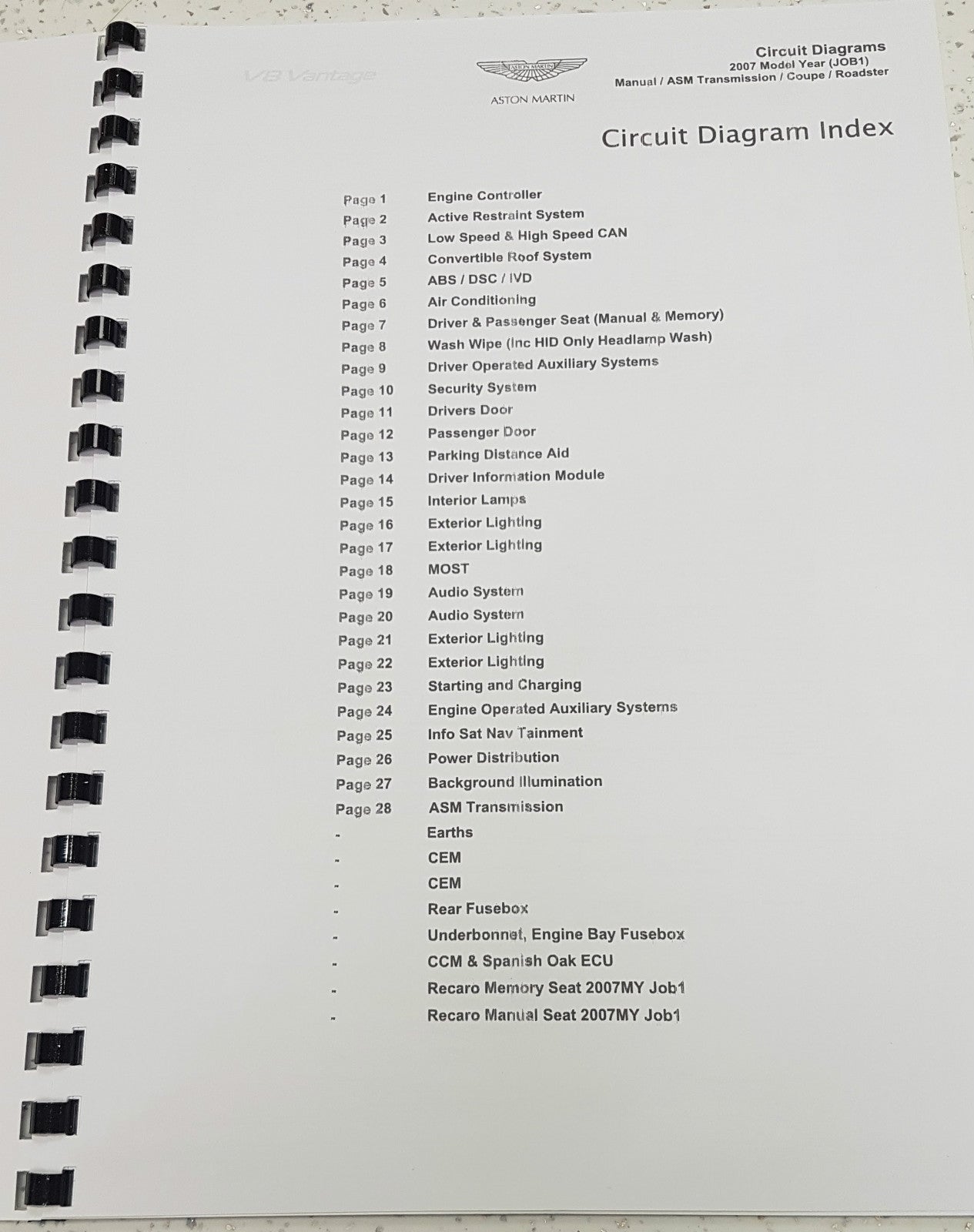 2007 - ASTON MARTIN V8 VANTAGE ELECTRICAL WIRING CIRCUIT DIAGRAMS MANUAL