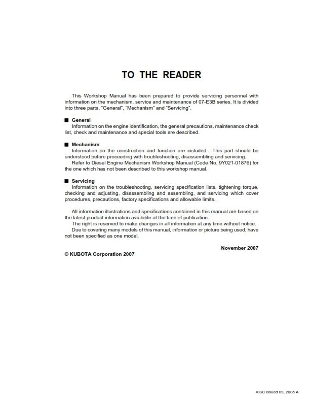 KUBOTA 07-E3B SERIES DIESEL ENGINE WORKSHOP MANUAL REPRINTED 2008 EDITION