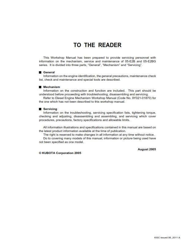 KUBOTA 05-E2B 05-E2BG DIESEL ENGINE WORKSHOP MANUAL REPRINTED 2011 EDITION