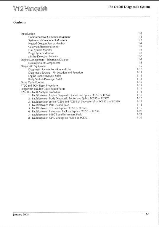 ASTON MARTIN V12 VANQUISH S (04 - 07) OBD II DIAGNOSTIC MANUAL PRINTED A4
