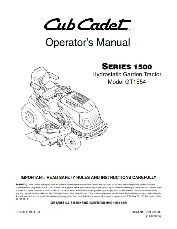 CUB CADET SERIES 1500 HYDROSTATIC GARDEN TRACTOR GT1554 OPERATORS MANUAL REPRINT