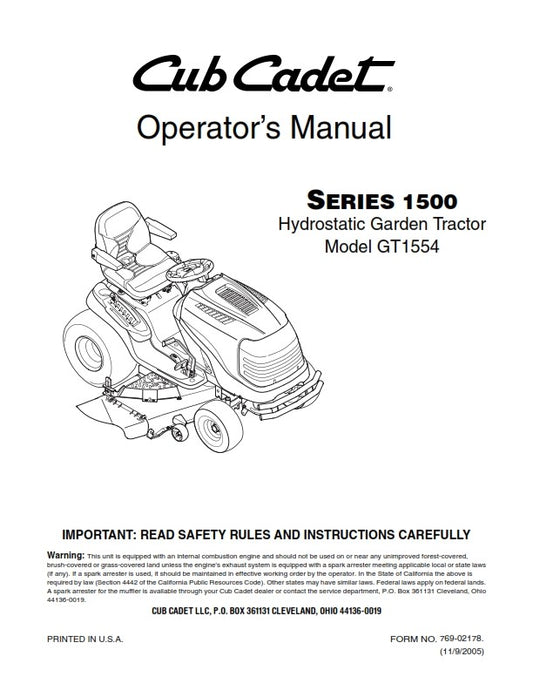 CUB CADET SERIES 1500 HYDROSTATIC GARDEN TRACTOR GT1554 OPERATORS MANUAL REPRINT