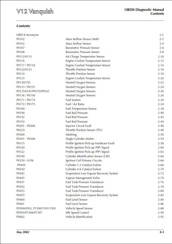 ASTON MARTIN V12 VANQUISH (01 - 07) OBD II DIAGNOSTIC MANUAL PRINTED A4