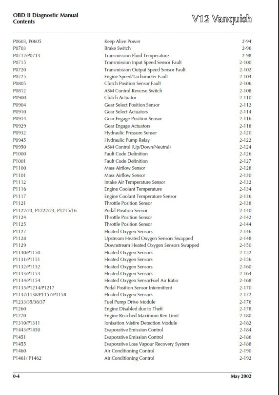 ASTON MARTIN V12 VANQUISH (01 - 07) OBD II DIAGNOSTIC MANUAL PRINTED A4