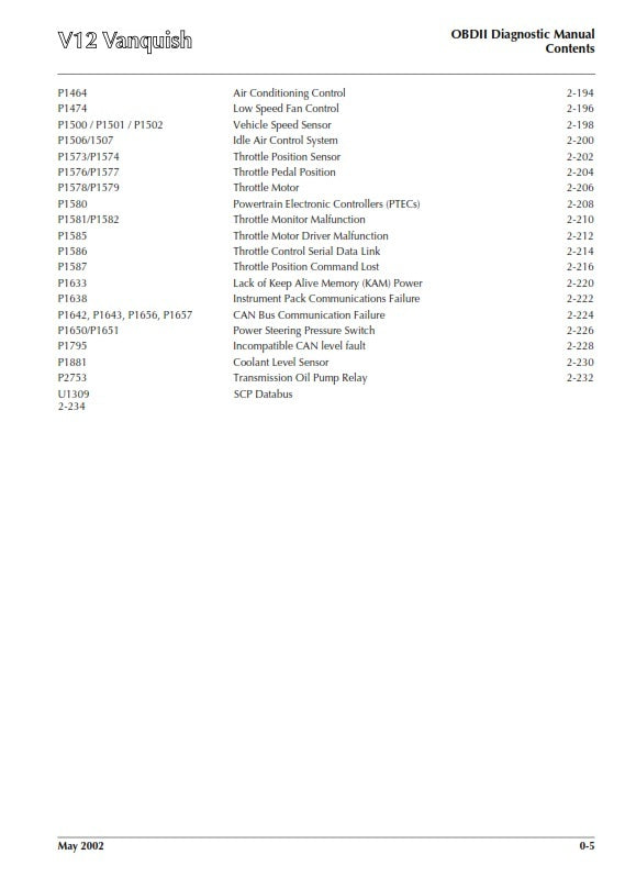 ASTON MARTIN V12 VANQUISH (01 - 07) OBD II DIAGNOSTIC MANUAL PRINTED A4