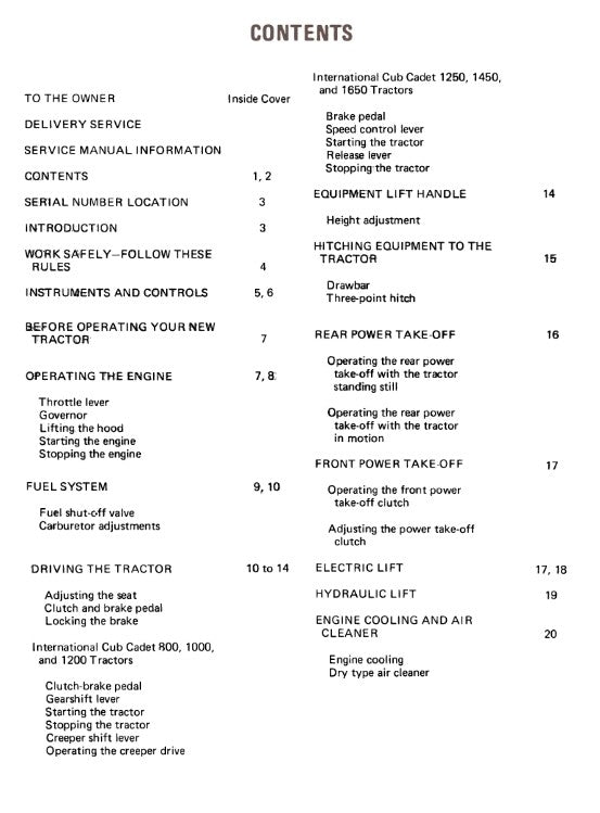 CUB CADET INTERNATIONAL 800 1000 1200 1250 1450 1650 TRACTOR OPERATORS MANUAL