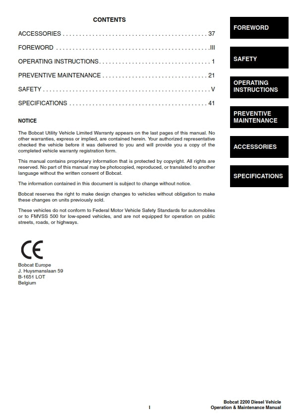 BOBCAT UTILITY VEHICLE 2200D OPERATION & MAINTENANCE MANUAL REPRINTED COMB BOUND
