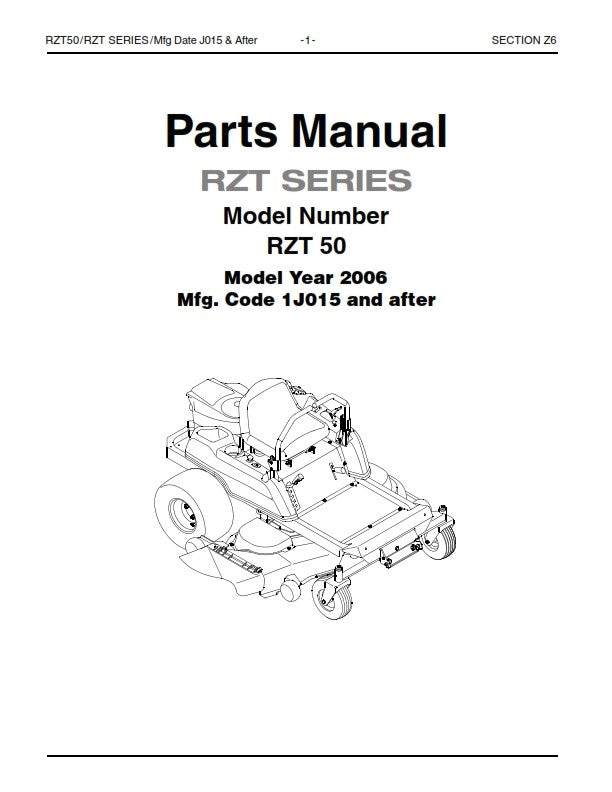 CUB CADET RZT 50 2006 1J015 & AFTER PARTS MANUAL REPRINTED COMB BOUND