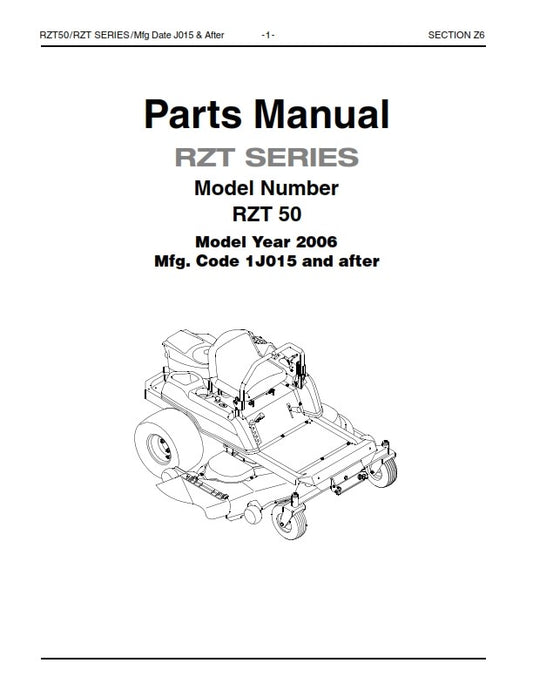 CUB CADET RZT 50 2006 1J015 & AFTER PARTS MANUAL REPRINTED COMB BOUND