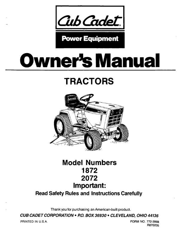 CUB CADET TRACTOR OWNERS MANUAL MODEL NO 1872 2072 REPRINTED COMB BOUND