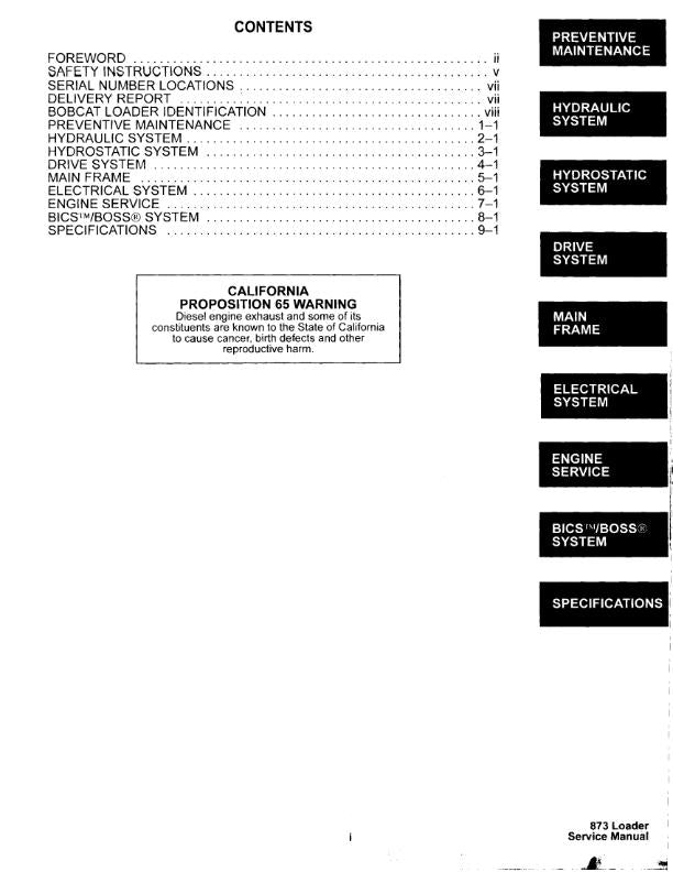 BOBCAT 873 SERVICE MANUAL REPRINTED COMB BOUND