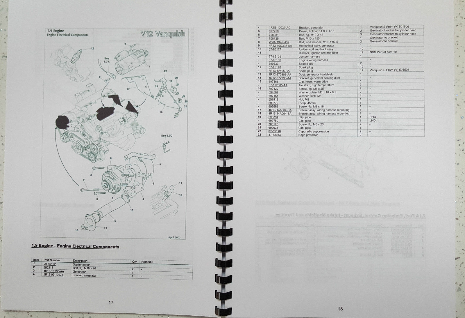 ASTON MARTIN V12 VANQUISH & S 01-07 PARTS MANUAL REPRINTED A4 COMB BOUND