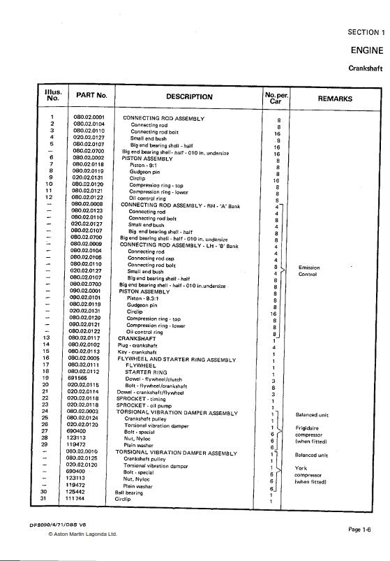 ASTON MARTIN DBS V8 1969-1972 PARTS MANUAL REPRINTED A4 COMB BOUND