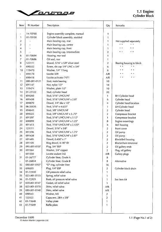 ASTON MARTIN V8 VANTAGE (VIRAGE) 93-00 PARTS MANUAL REPRINTED