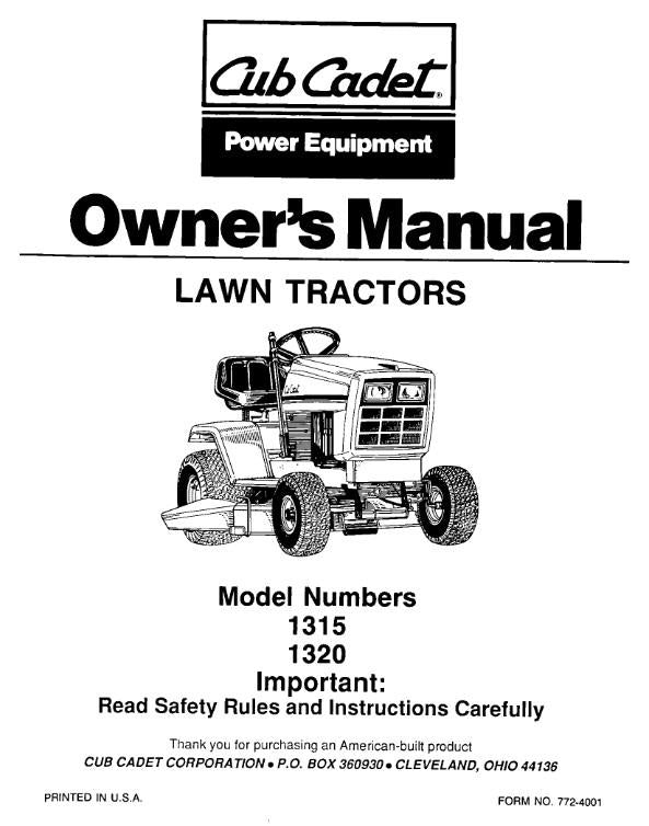 CUB CADET LAWN TRACTOR 1315 1320 OPERATORS MANUAL REPRINT COMB BOUND