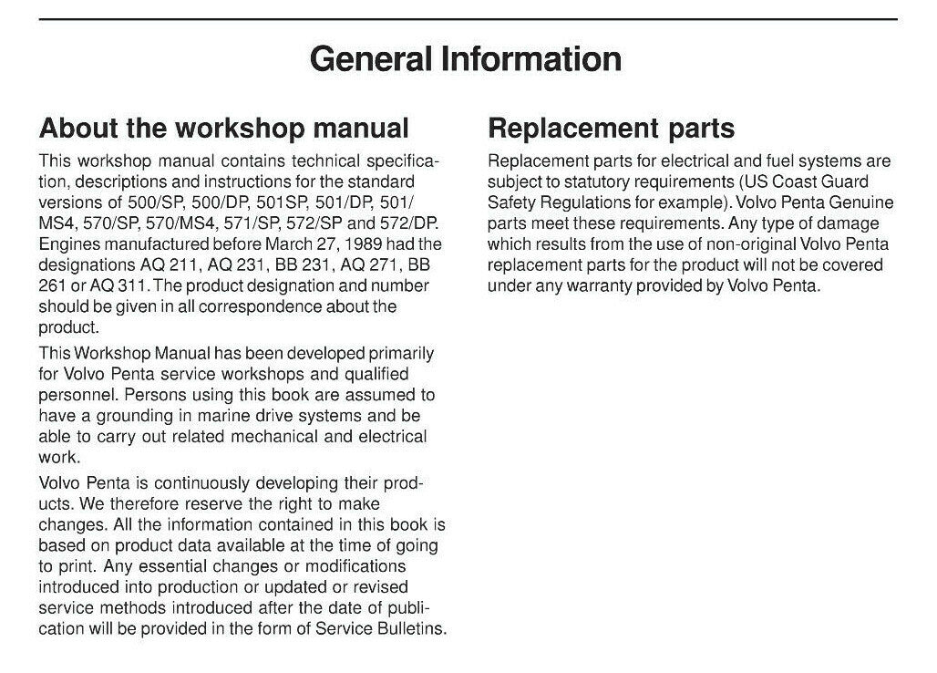 VOLVO PENTA AQ211 AQ231 AQ271 AQ311 BB231 BB261 500 501 570 571 572 ENGINE UNIT