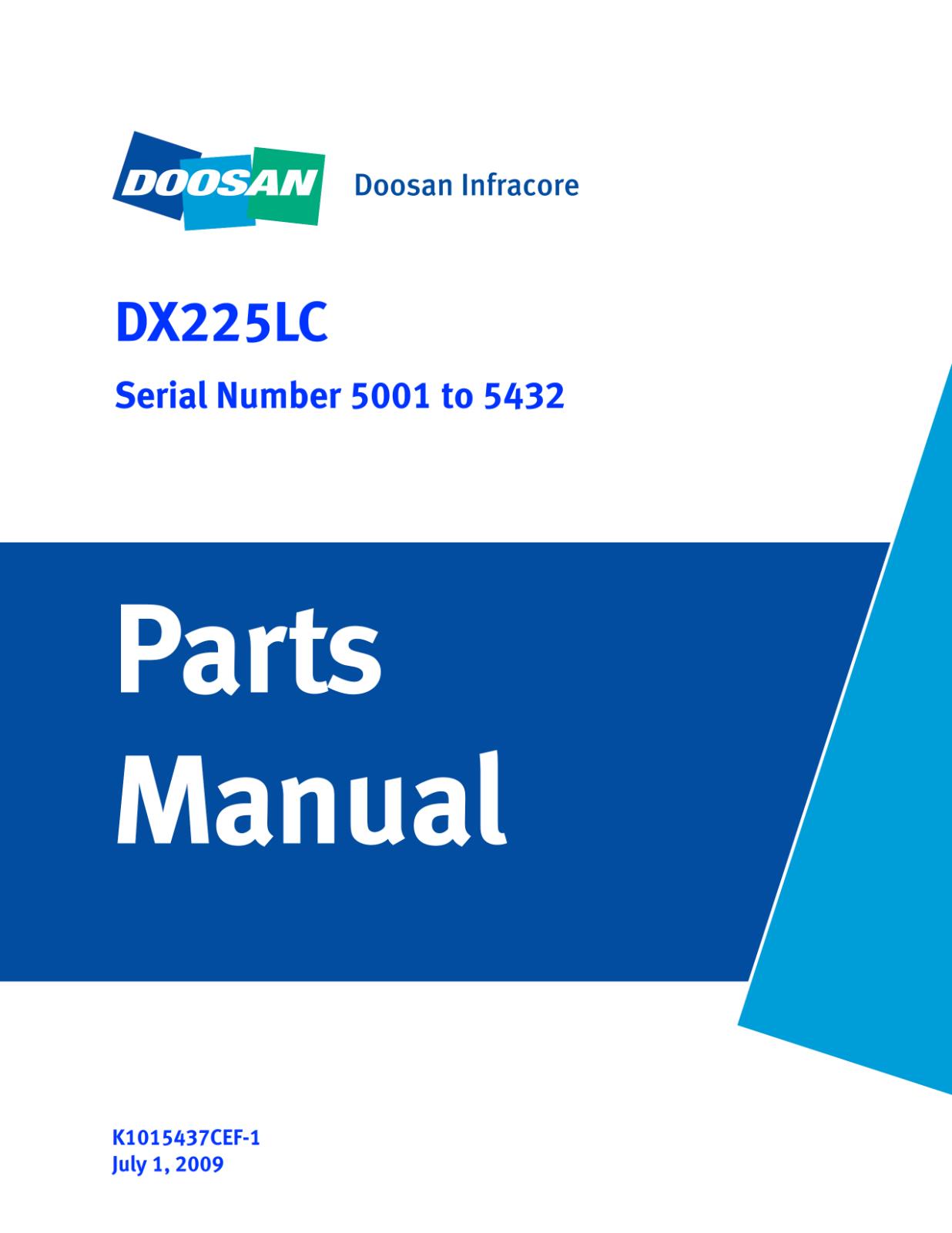 DOOSAN DX225LC PARTS MANUAL SERIAL NO. 5001 TO 5432 REPRINTED COMB BOUND 2009