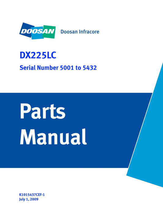 DOOSAN DX225LC PARTS MANUAL SERIAL NO. 5001 TO 5432 REPRINTED COMB BOUND 2009