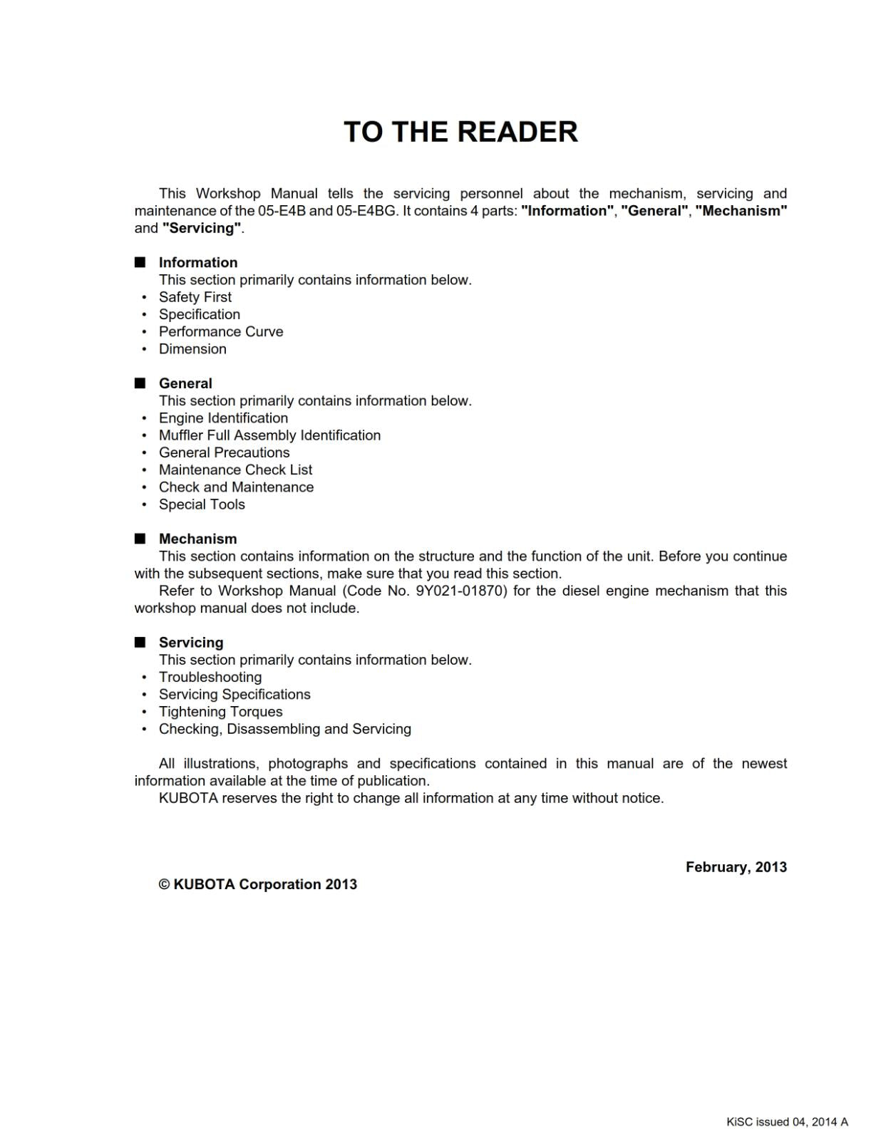 KUBOTA 05-E4B 05-E4BG DIESEL ENGINE WORKSHOP SERVICE MANUAL REPRINTED 14 EDITION