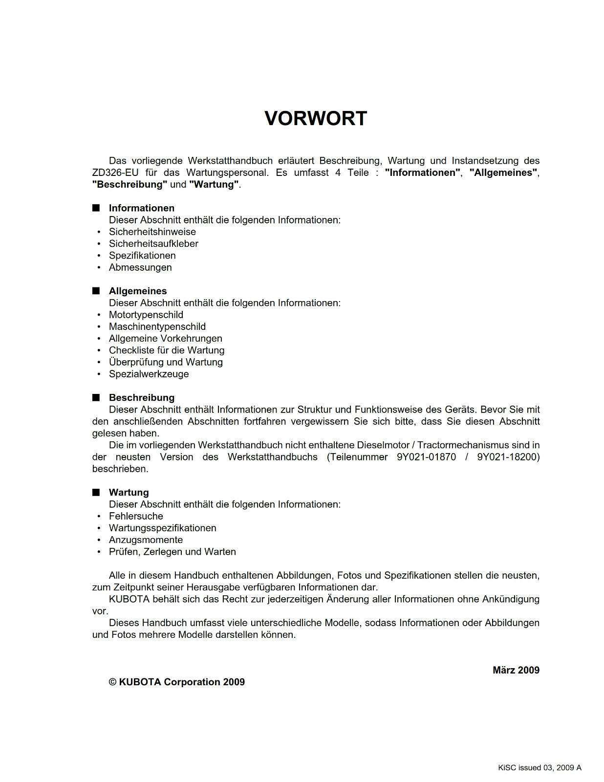 KUBOTA ZD326-EU WERKSTATTANLEITUNG WORKSHOP MANUAL REPRINT COMB BOUND GERMAN 09