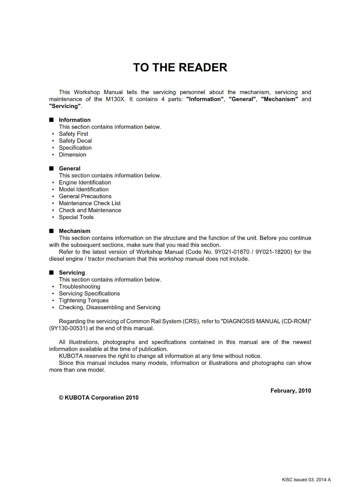 KUBOTA M130X WORKSHOP REPAIR SERVICE MANUAL REPRINTED 2014 EDITION