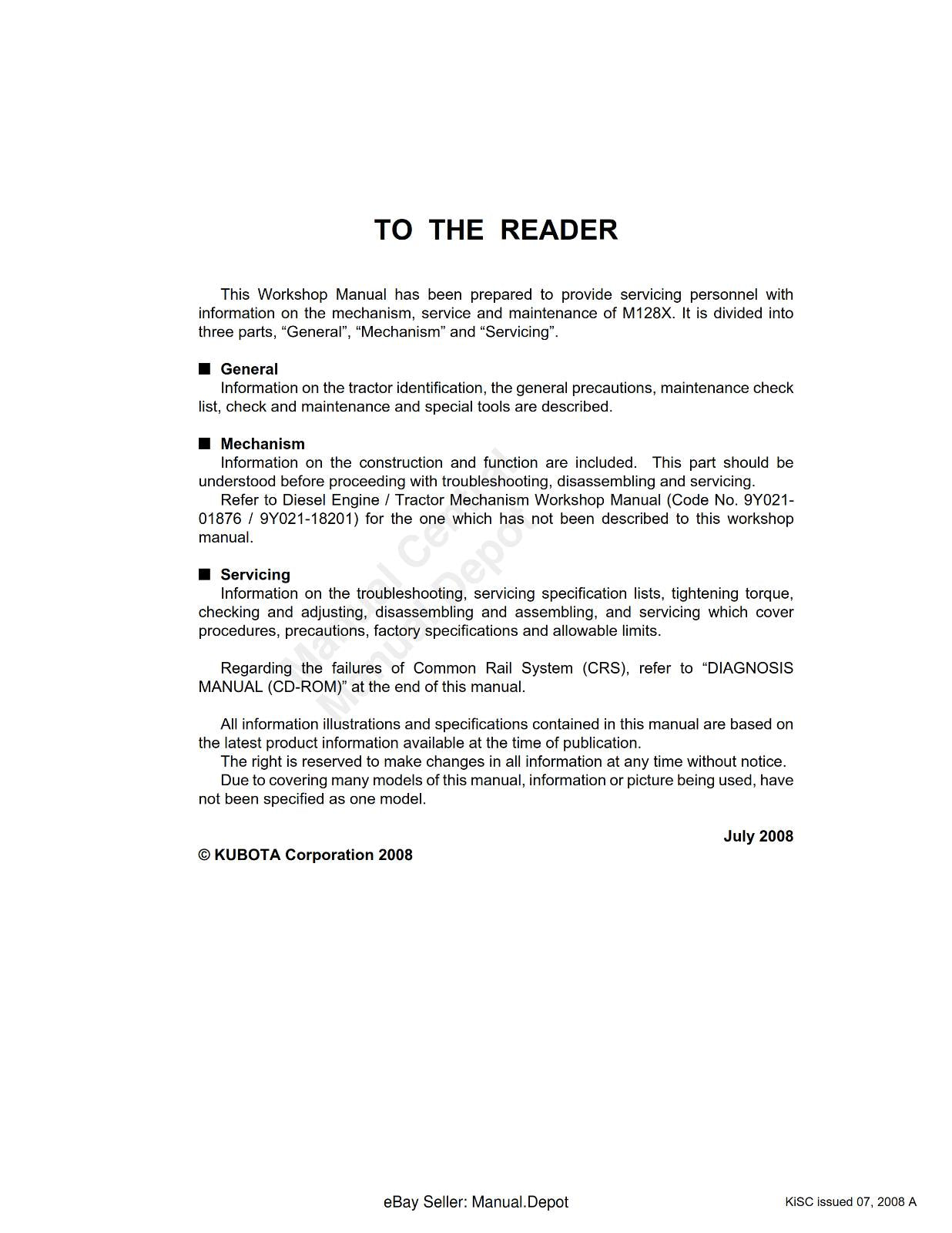 KUBOTA M128X WORKSHOP REPAIR SERVICE MANUAL REPRINTED 2008 EDITION
