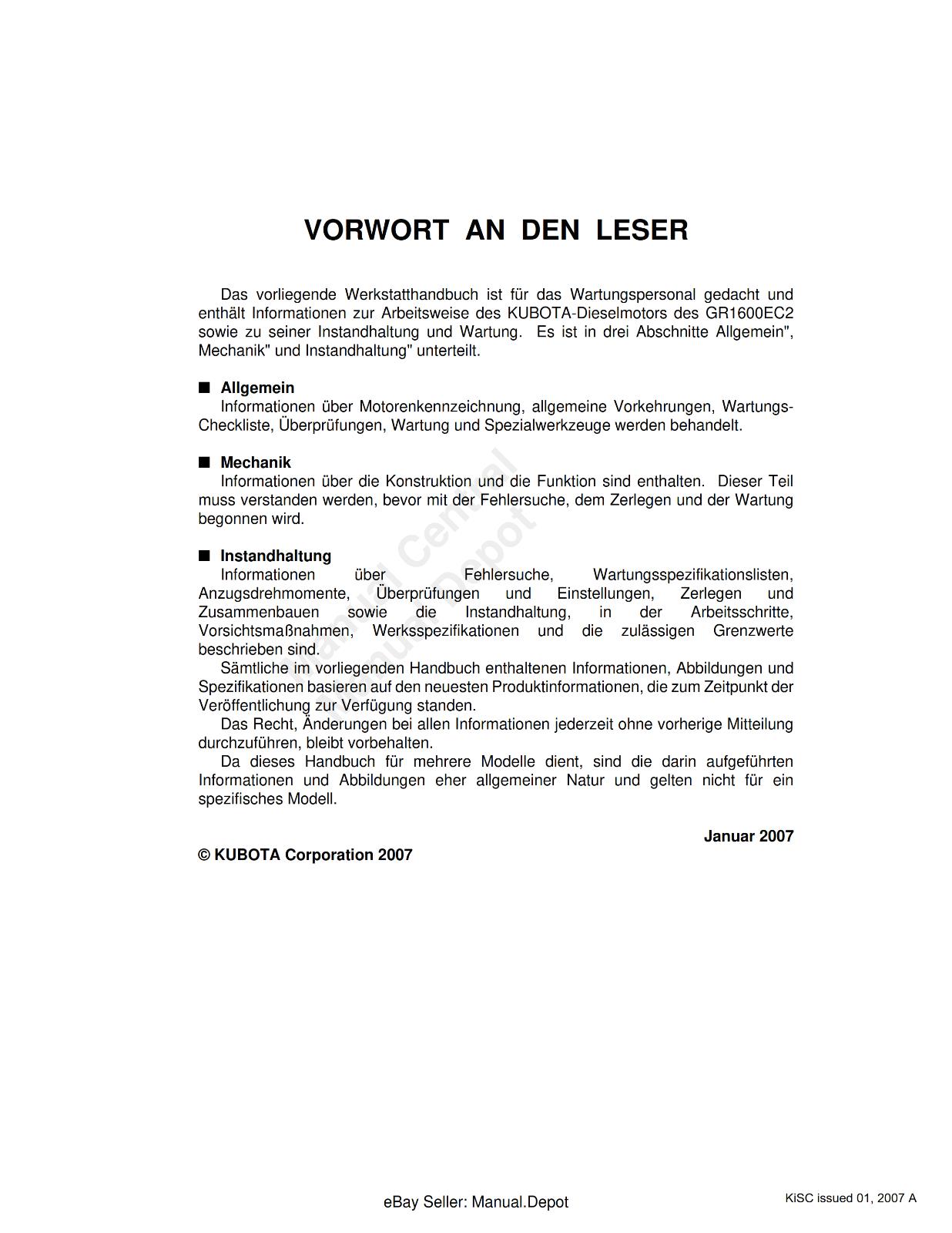 KUBOTA GR1600EC2 WERKSTATTANLEITUNG GERMAN REPRINTED COMB BOUND 2007 EDITION