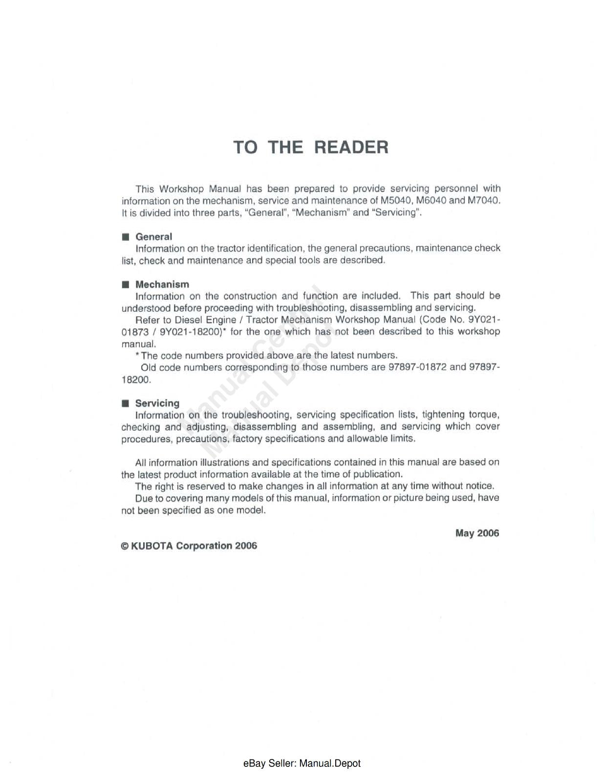 KUBOTA TRACTOR M5040 M6040 M7040 WORKSHOP MANUAL 2006 EDITION REPRINTED