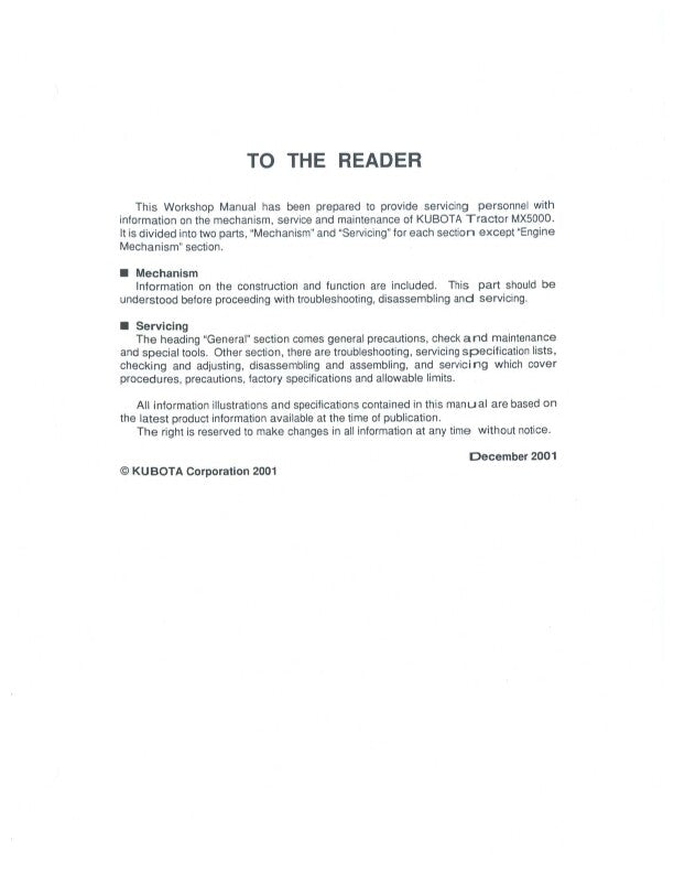 KUBOTA TRACTOR MX5000 WORKSHOP MANUAL REPRINTED 2001 EDITION COMB BOUND