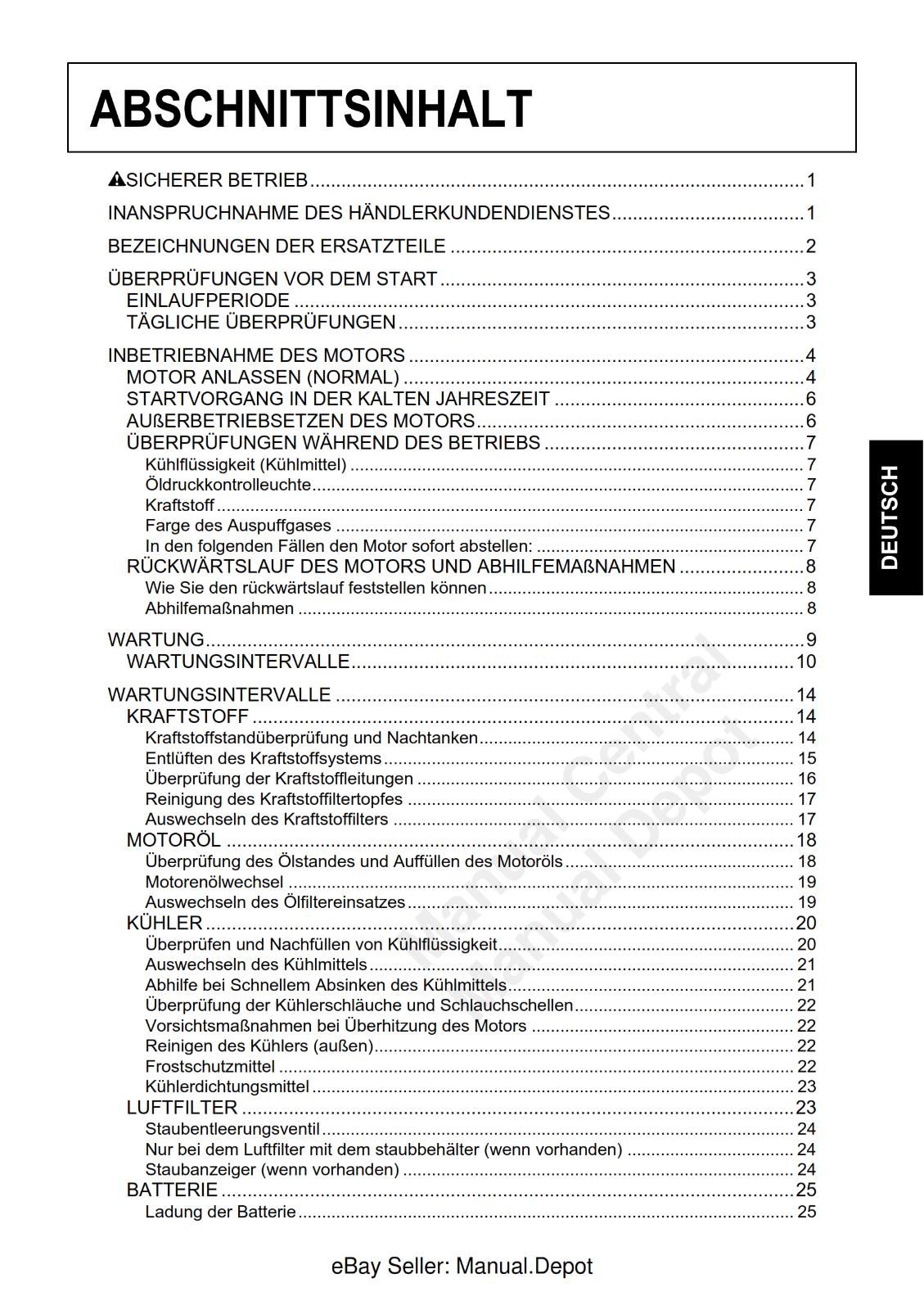 KUBOTA D1503 D1703 D1803 V2003 V2203 V2403 V2403 BEDIENUNGSANLEITUNG REPRINTED