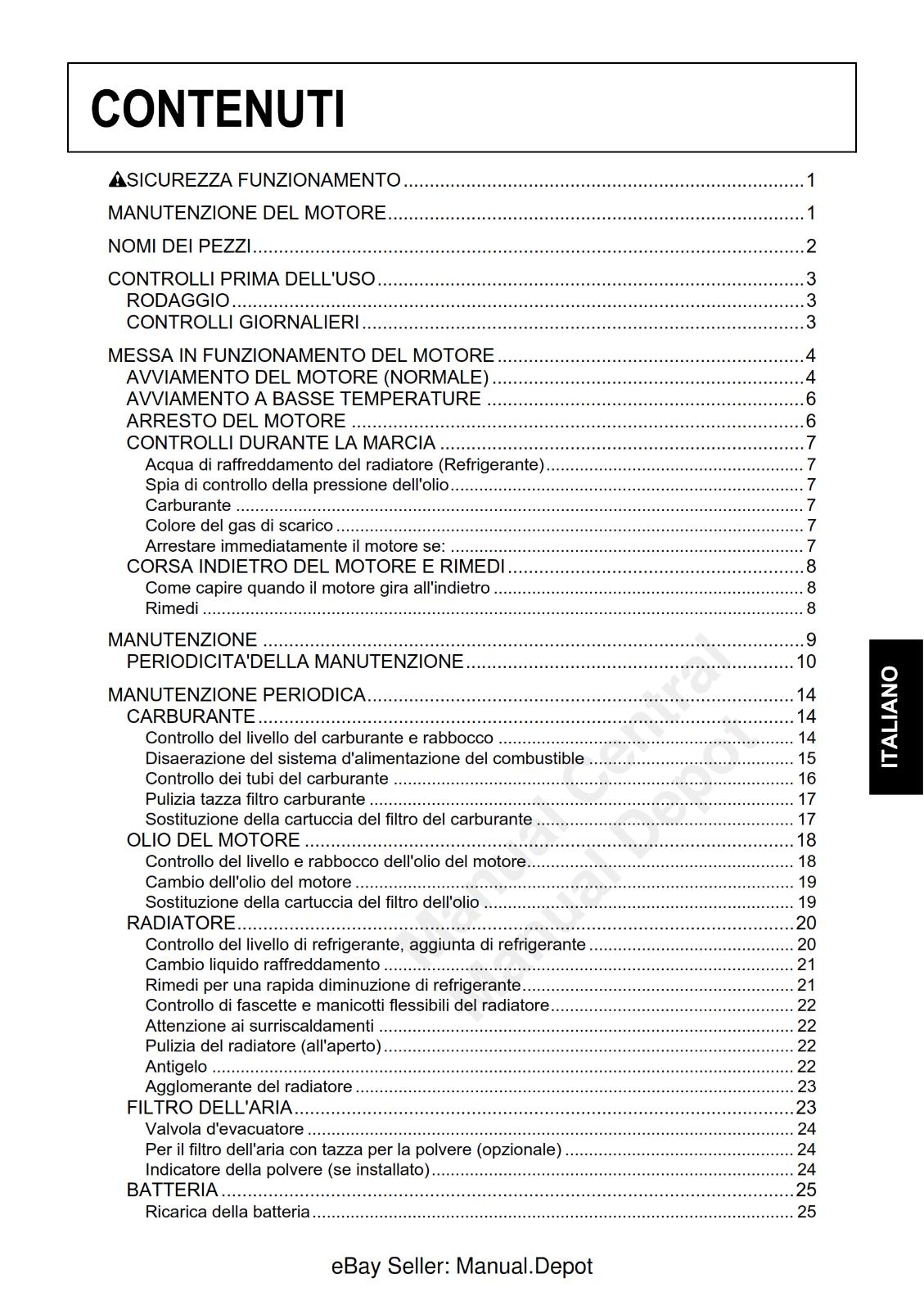 KUBOTA D1503 D1703 D1803 V2003 V2203 V2403 V2403 MANUALE DELL'OPERATORE REPRINT