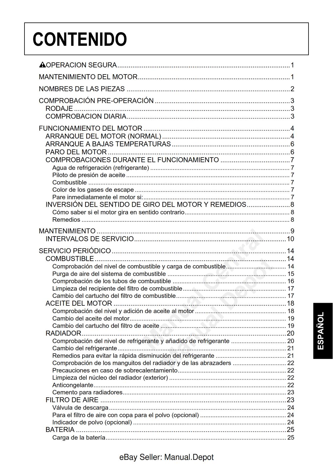 KUBOTA D1503 D1703 D1803 V2003 V2203 V2403 V2403 MANUAL DE INSTRUCCIONES REPRINT